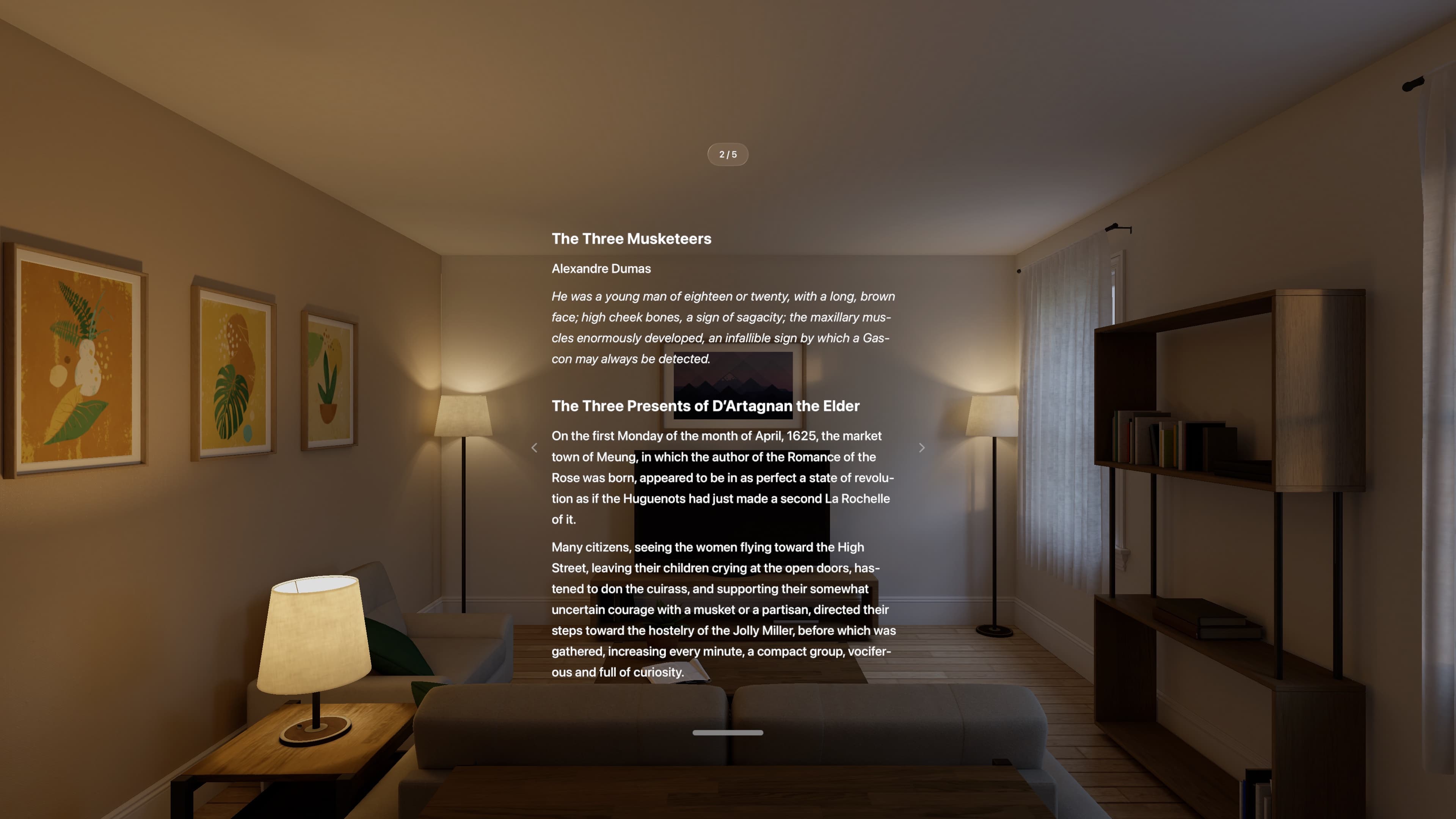 Clear Page reading interface floating in an Apple Vision Pro room