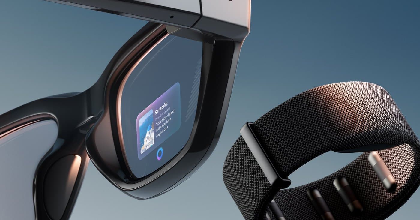 The Meta Ray-Ban Display glasses with the in-lens screen, beside the neural band