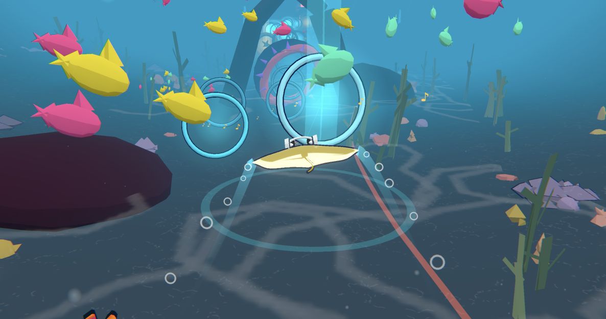 A headphone-wearing manta swimming toward blue rings among colorful fish in DeepHouse Manta