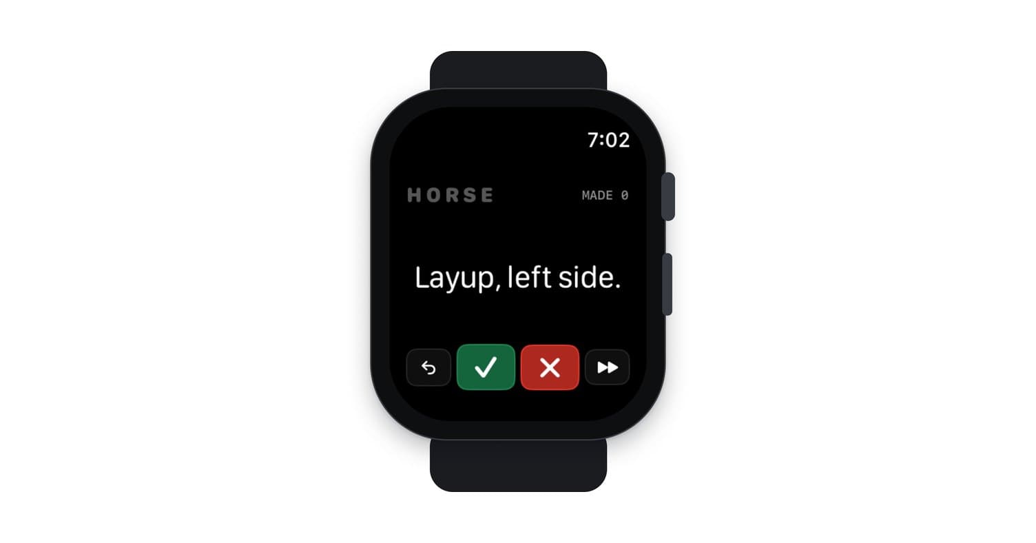An Apple Watch running HORSE: the call reads Layup, left side, with made and missed buttons